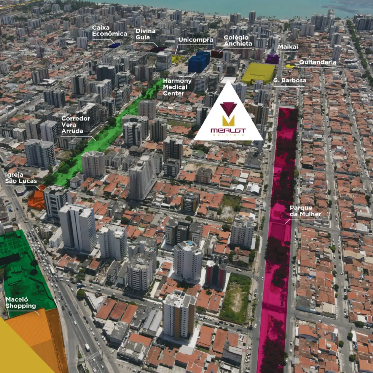 Vista aérea da Jatiúca com a localização do Edifício Merlot