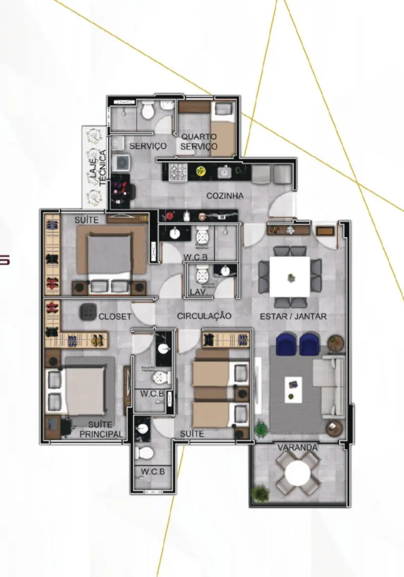 Planta do apartamento tipo de 117,25 m²
