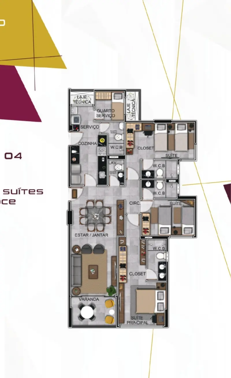 Planta do apartamento tipo de 119,29 m²